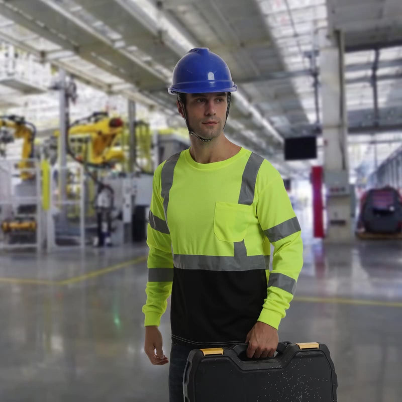 DPSAFETY High Visibility Class 3 T Shirts，Hi Vis Safety Shirts with Reflective Strips and Pocket, Long Sleeve Quick Dry Mesh Construction Work Shirt for Men/Women Black Bottom Lime，XL