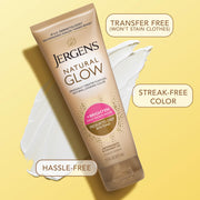 Jergens Natural Glow self tanner body lotion for medium to deep skin, with coconut oil and vitamin E, 7.5 oz bottle.
