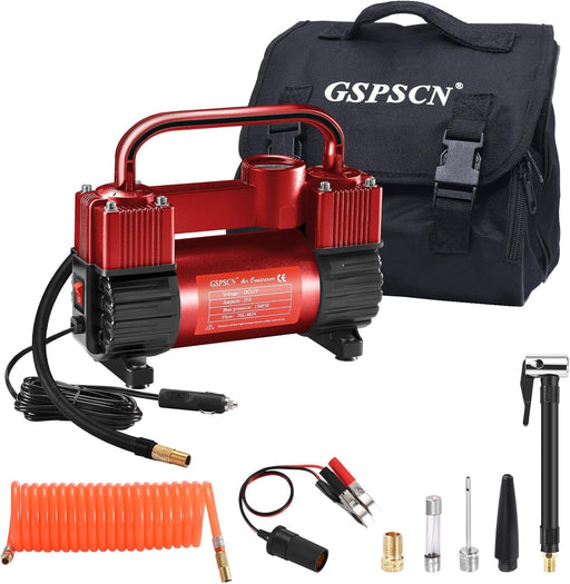 Silver Tire Inflator Heavy Duty Double Cylinders with Portable Bag- Car Accessories，Metal 12V Air Compressor Pump 150PSI with Adapter for Car, Truck, SUV Tires, Dinghy, Air Bed Etc