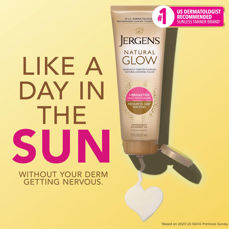 Jergens Natural Glow self-tanner moisturizer with coconut oil and vitamin E, showing a 7.5 oz bottle for medium to deep skin tones.
