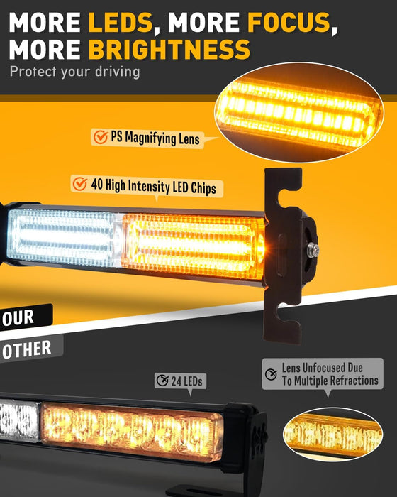 1002L Emergency Strobe Traffic Advisor Light Bar: 40 LED Dash Safety Warning Flashing Light, Front/Rear Windshield Visor for Construction Vehicle, Tow/Plow Truck (2X10.7Inch, Amber White)