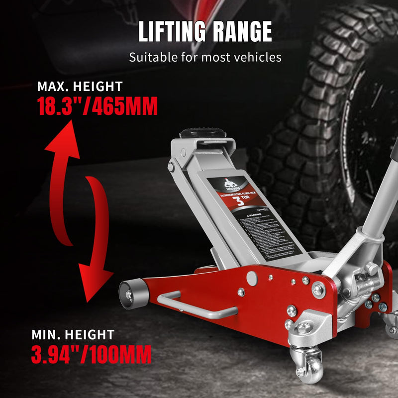 Jack Boss 3 Ton Low Profile, Aluminum and Steel Racing Floor Jack with Dual Pistons Quick Lift Pump for Sport Utility Vehicle, Lifting Range 3-15/16" min to 18-5/16" max, Net Weight 58.5 lb, Red