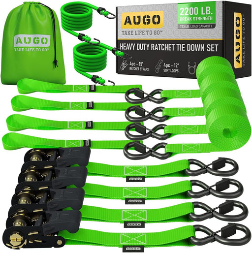 Ratchet Straps Heavy Duty 4 Pack -15 FT - 2200 LB Break Strength – with Safety Lock S Hooks - Cargo Straps for Moving, Appliances, Motorcycle – Soft Loop Tie down Straps