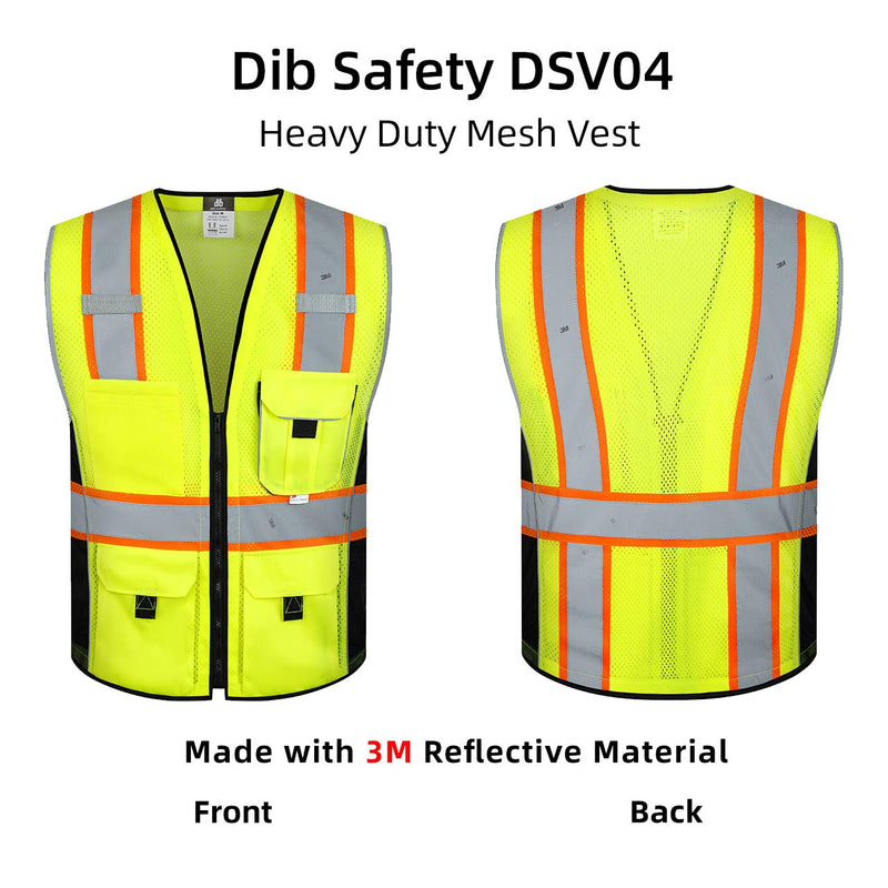 Dib Safety Reflective Vest Yellow Mesh, High Visibility Vest with Pockets and Zipper, ANSI Class 2 Heavy Duty, Made with 3M Reflective Tape L