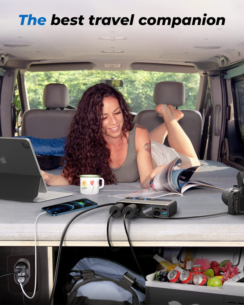 9 in 1 Cigarette Lighter Splitter, JOYROOM 210W Cigarette Lighter Adapter with PD/QC 3.0 * 2 Charge(3.3FT Cable), 12V/24V Independent Switches DC Cigarette Outlet Car Charger for All Car Devices