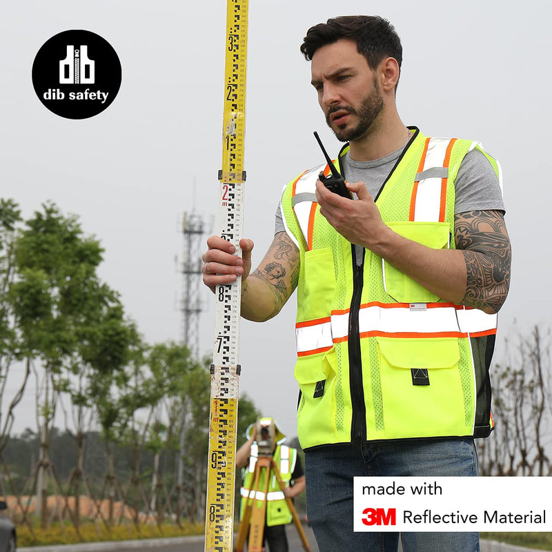 Dib Safety Reflective Vest Yellow Mesh, High Visibility Vest with Pockets and Zipper, ANSI Class 2 Heavy Duty, Made with 3M Reflective Tape L