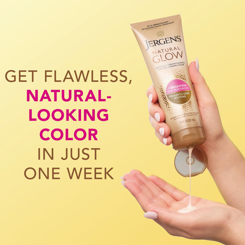 Jergens Natural Glow Self Tanner Body Lotion in 7.5 oz, moisturizing with coconut oil, vitamin E, and antioxidants for medium to deep skin.