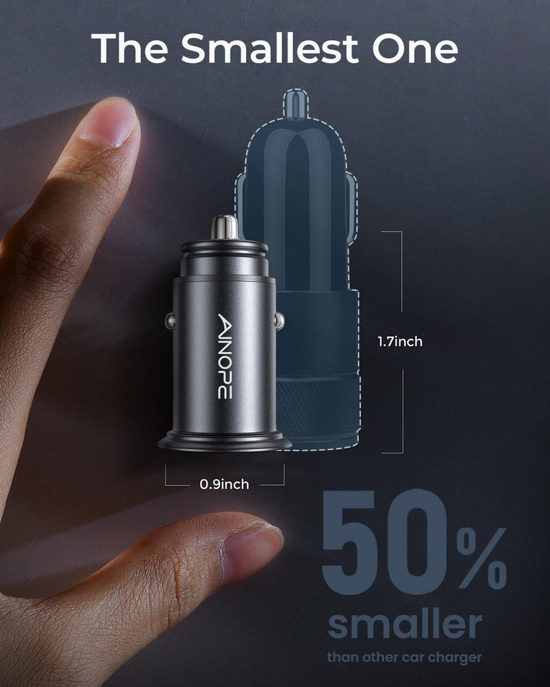 AINOPE Car Charger Adapter【Smallest Metal】 4.8A Cigarette Lighter USB Car Charger Adapter Dual Port 12V USB Outlet Flush Fit for iPhone 16 Pro Max/15/14 iPad Air Samsung Galaxy S25 S24 Ultra,Black