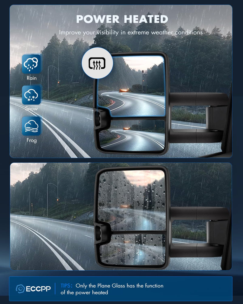 ECCPP tow mirrors for Chevy GMC 1500 2500 HD with black housing, heated, power-adjusted, and turn signal lights on each side.