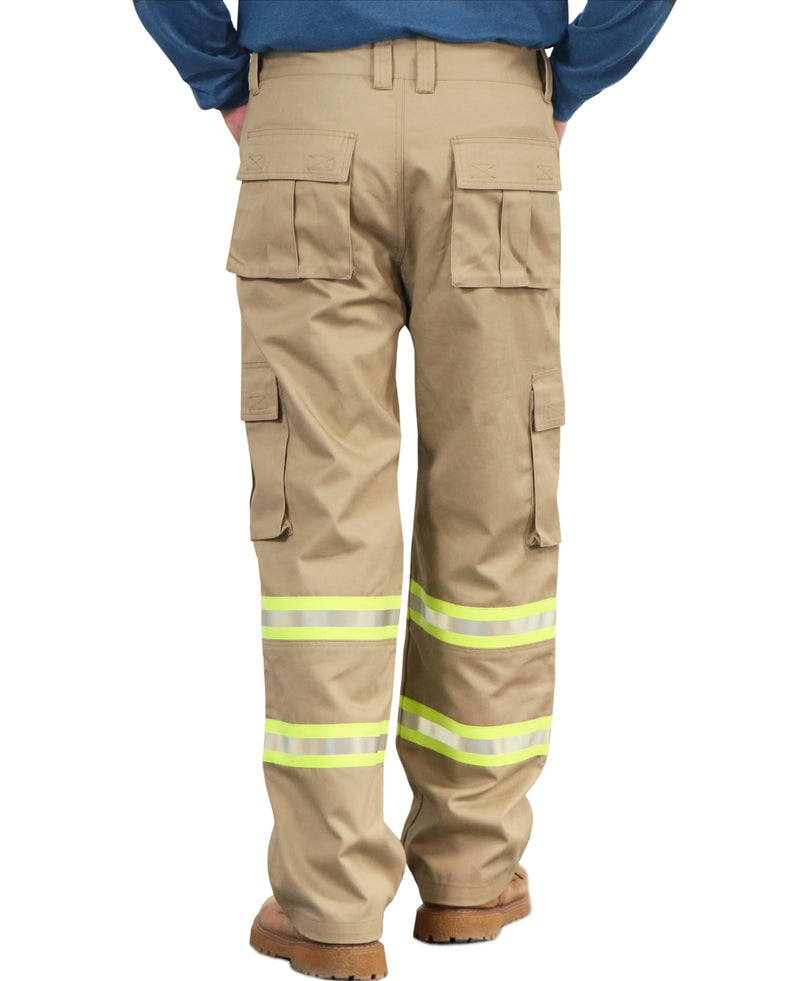 BOCOMAL FR work pants with high visibility cargo pockets, flame-resistant, water and oil repellent khaki workwear.