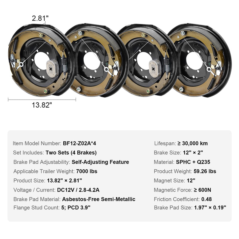 VEVOR Electric Trailer Brake Assembly, 12" x 2", 2 Pairs Self-Adjusting Electric Brakes Kit for 7000 lbs Axle, 5-Hole Mounting, Backing Plates for Braking System Part Replacement (2 Right + 2 Left)