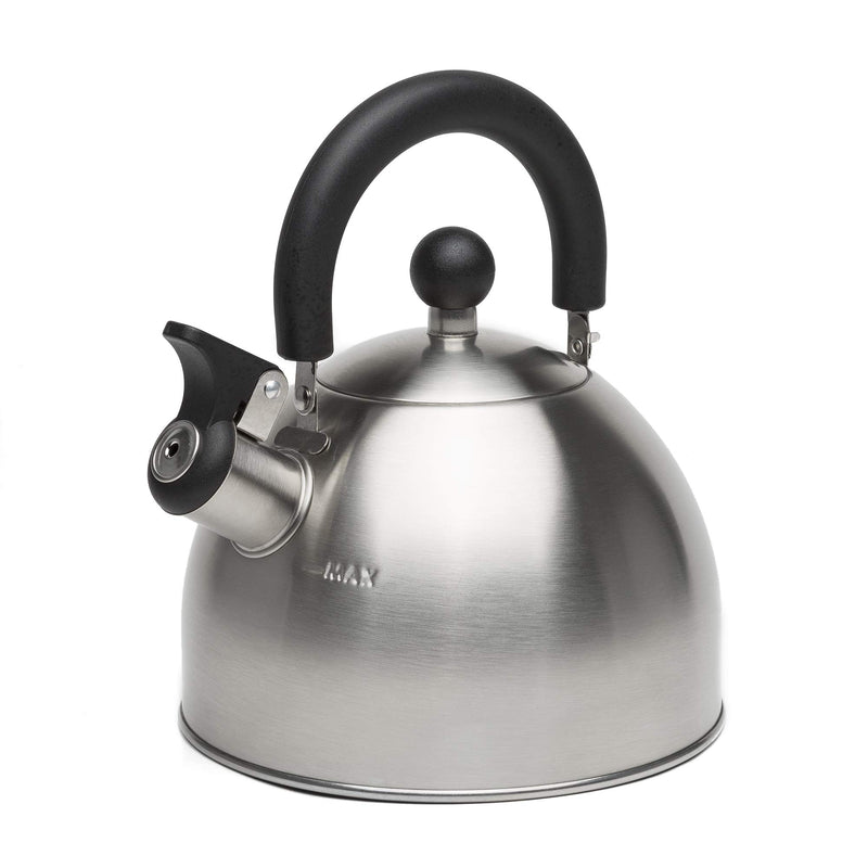 Primula Stewart Whistling Stovetop Tea Kettle Food Grade Stainless Steel, Hot Water Fast to Boil, Cool Touch Folding, 1.5-Quart, Brushed with Black Handle - Durrett Recovery