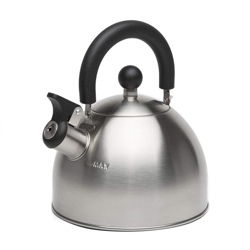 Primula Stewart Whistling Stovetop Tea Kettle Food Grade Stainless Steel, Hot Water Fast to Boil, Cool Touch Folding, 1.5-Quart, Brushed with Black Handle - Durrett Recovery