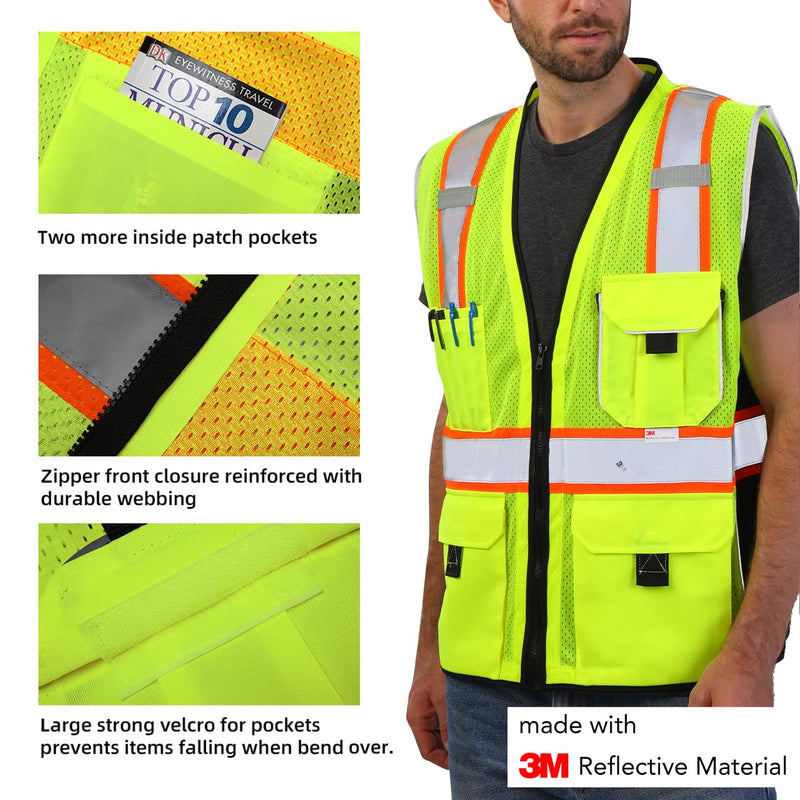 Dib Safety Reflective Vest Yellow Mesh, High Visibility Vest with Pockets and Zipper, ANSI Class 2 Heavy Duty, Made with 3M Reflective Tape L