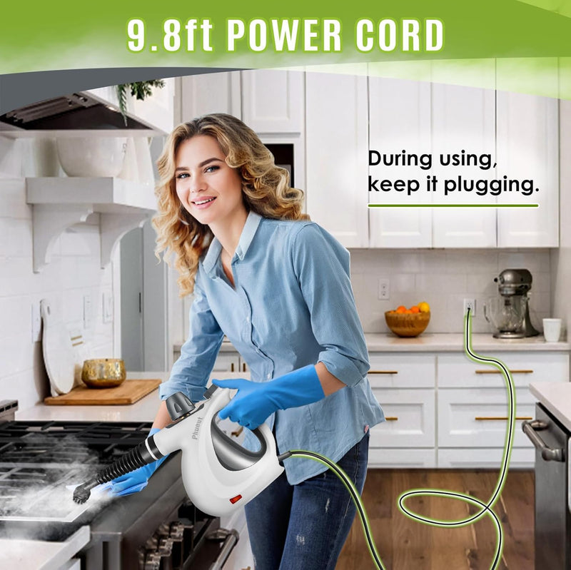 Phueut Pressurized Handheld Multi-Surface Natural Steam Cleaner with 12 pcs Accessories, Multi-Purpose Steamer for Home Use, Steamer for Cleaning Floor, Upholstery, Grout and Car (Grey)
