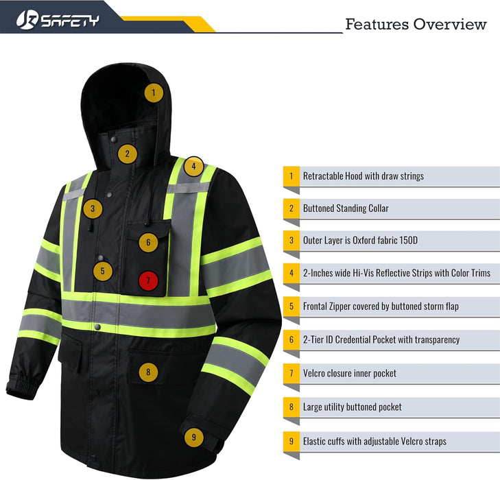 Hi-Vis Reflective Safety Rain Jacket and Pants for Men Women Waterproof Rain Gears for Farming Fishing Work HV Rain Suit with Inner Mesh Lining and Pockets (117-Black XL)