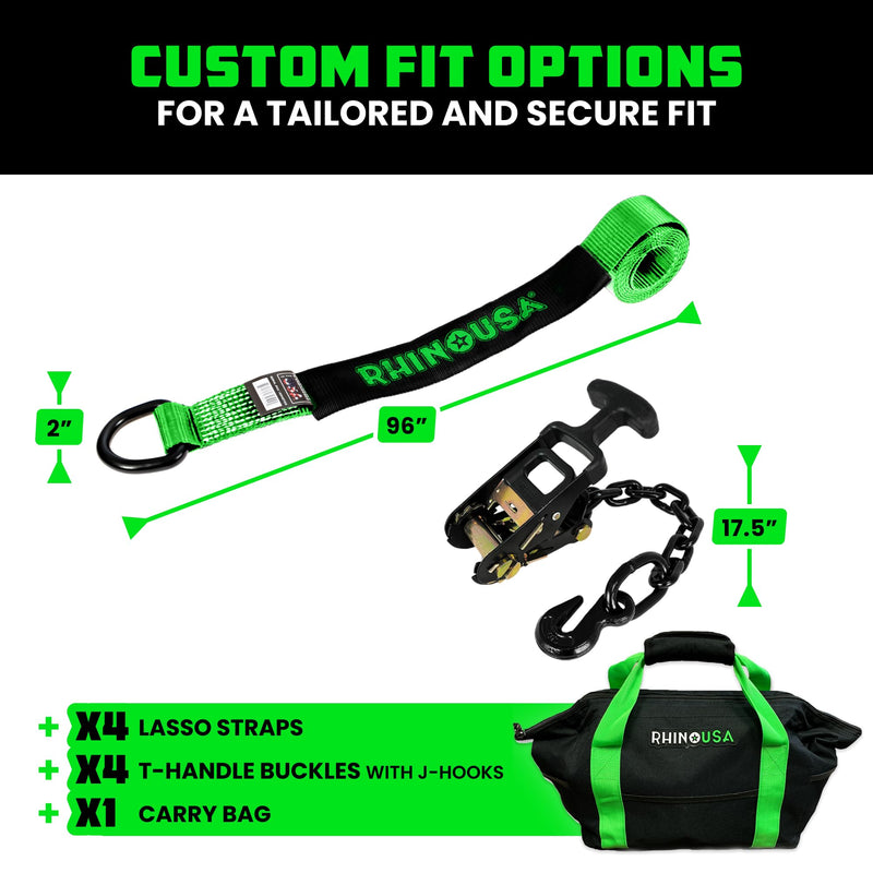 Rhino USA Car Tie Down Straps with J Hooks – 4 Pack 2" x8' – 10,000lbs Break Strength – Heavy Duty T-Handle Car Hauler Tire Lasso Wheel Straps for Trailers, UTV & Powersports – Green