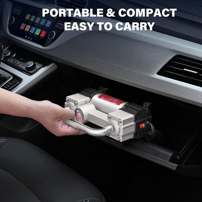 Silver Tire Inflator Heavy Duty Double Cylinders with Portable Bag- Car Accessories，Metal 12V Air Compressor Pump 150PSI with Adapter for Car, Truck, SUV Tires, Dinghy, Air Bed Etc