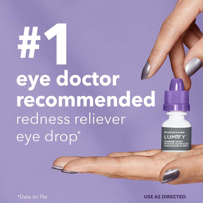 LUMIFY eye drops for red eyes, redness relief, showing a small 0.17 fl oz bottle and a close-up of clear, bright eyes.