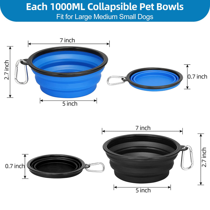 Kytely Large Collapsible Dog Bowls 2 Pack, 34oz Foldable Dog Travel Bowl, Portable Pet Water Food Bowl with Clasp, Pet Cat Feeding Cup Dish for Traveling, Walking, Hiking (Black+Blue)