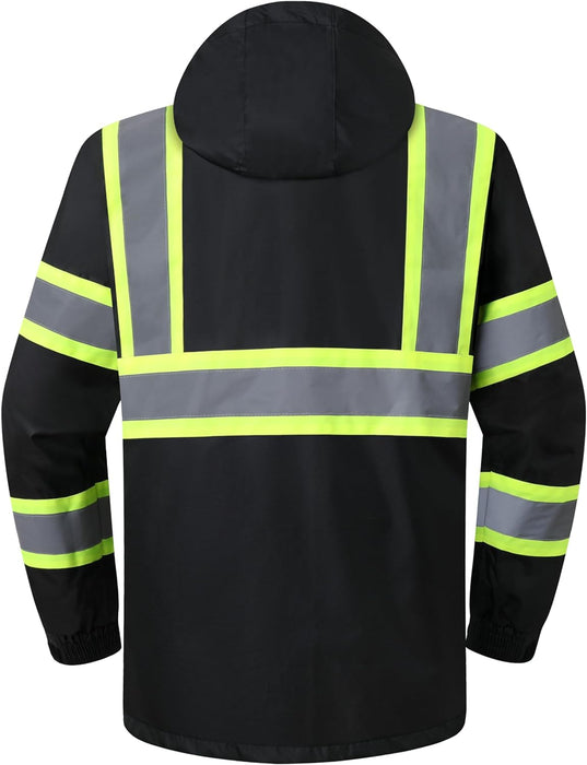 Hi-Vis Reflective Safety Rain Jacket and Pants for Men Women Waterproof Rain Gears for Farming Fishing Work HV Rain Suit with Inner Mesh Lining and Pockets (117-Black XL)