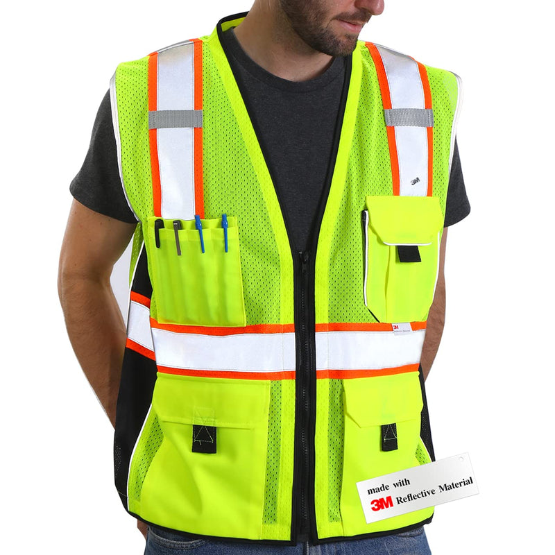 Dib Safety Reflective Vest Yellow Mesh, High Visibility Vest with Pockets and Zipper, ANSI Class 2 Heavy Duty, Made with 3M Reflective Tape L