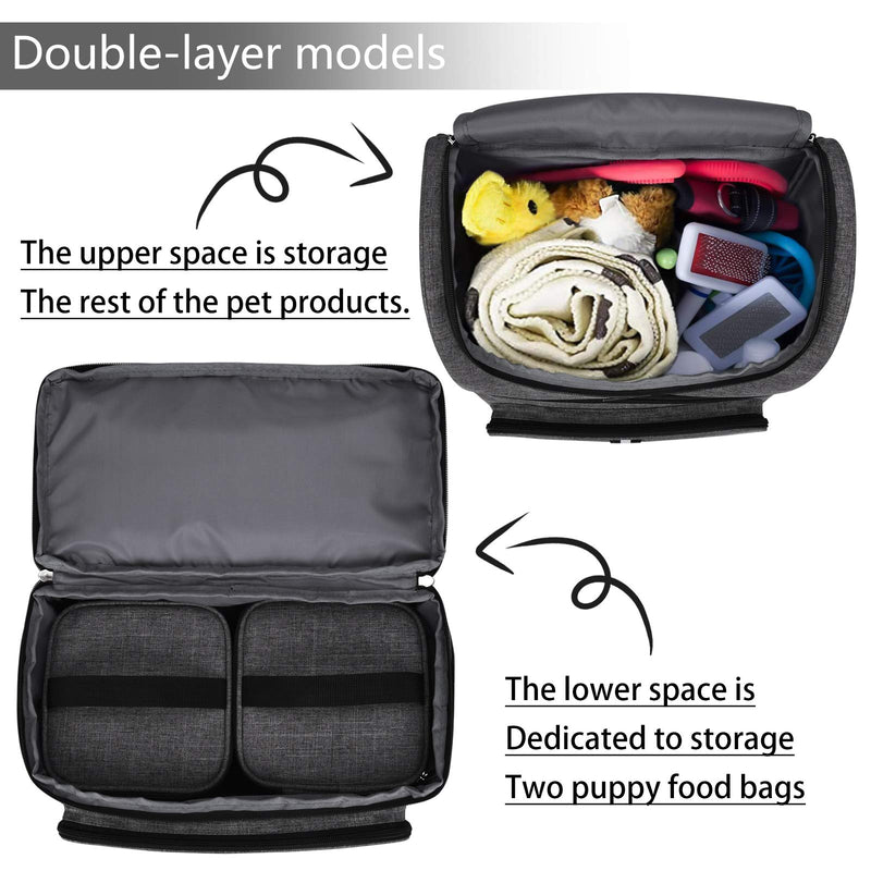 BAGLHER Pet Travel Bag, Double-Layer Pet Supplies Backpack (for All Pet Travel Supplies), Pet Travel Backpack with 2 Silicone Collapsible Bowls and 2 Food Baskets Grey