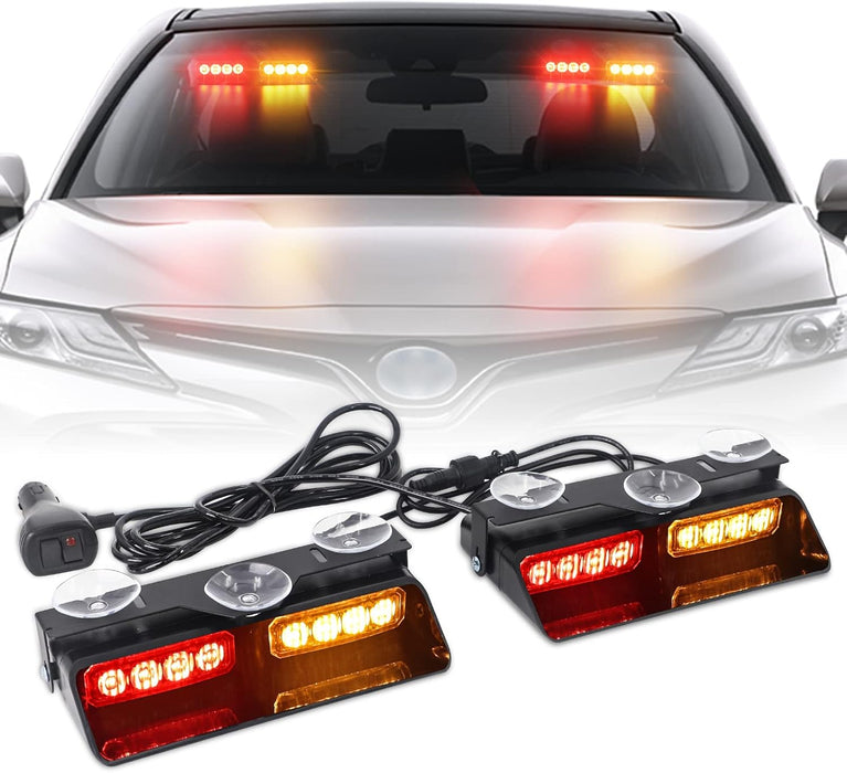 2 in 1 Emergency Dash Strobe Lights Interior Windshield Lights Amber White Warning Hazard Safety Flashing W/Suction Cups for Construction Vehicles, Trucks Car (2×7.16 Inch, 16 LED)