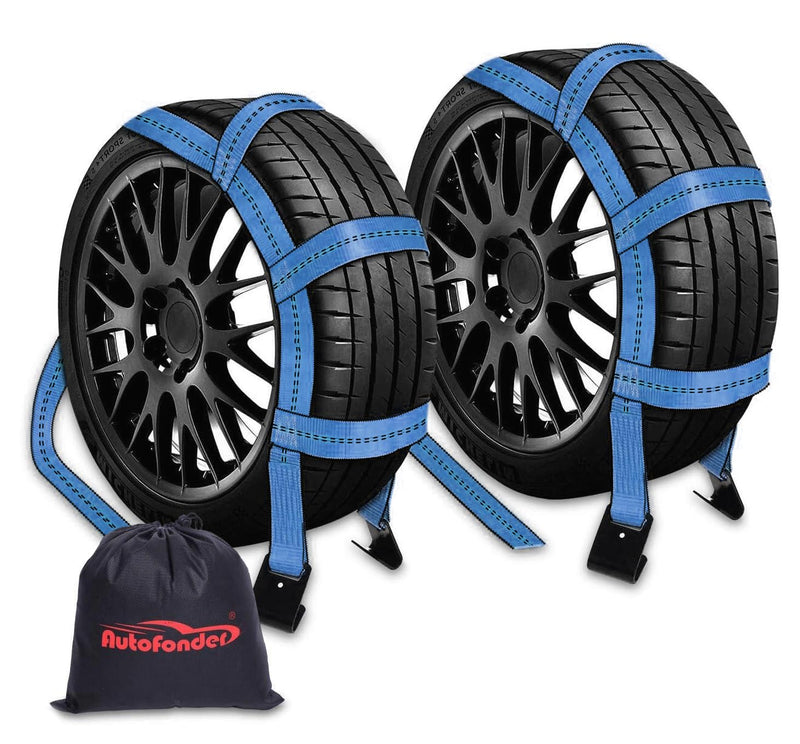 Autofonder 2Pc Tow Dolly Basket Straps with Flat Hook for 14"-17" Tires -10,000 lbs Breaking Strength Tire Bonnet&Tire Net -2” Over Wheel Car Basket Tie Down Straps with Carrying Bag（Blue）