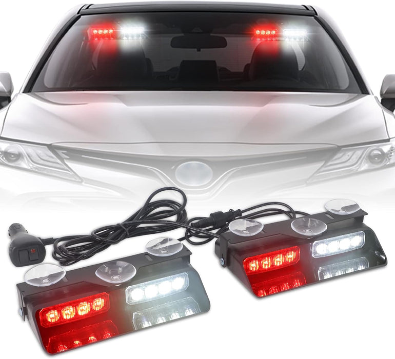 2 in 1 Emergency Dash Strobe Lights Interior Windshield Lights Amber White Warning Hazard Safety Flashing W/Suction Cups for Construction Vehicles, Trucks Car (2×7.16 Inch, 16 LED)
