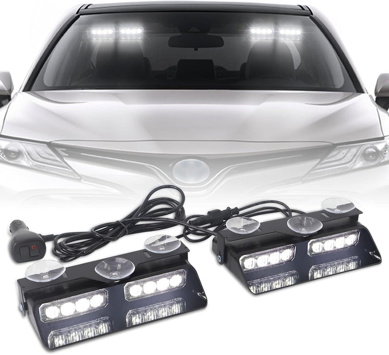 2 in 1 Emergency Dash Strobe Lights Interior Windshield Lights Amber White Warning Hazard Safety Flashing W/Suction Cups for Construction Vehicles, Trucks Car (2×7.16 Inch, 16 LED)