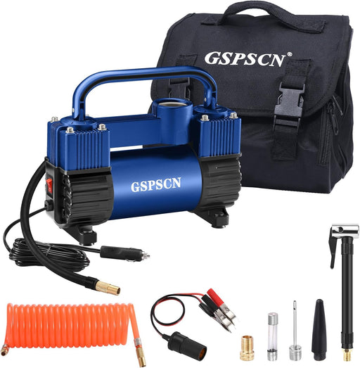 Silver Tire Inflator Heavy Duty Double Cylinders with Portable Bag- Car Accessories，Metal 12V Air Compressor Pump 150PSI with Adapter for Car, Truck, SUV Tires, Dinghy, Air Bed Etc