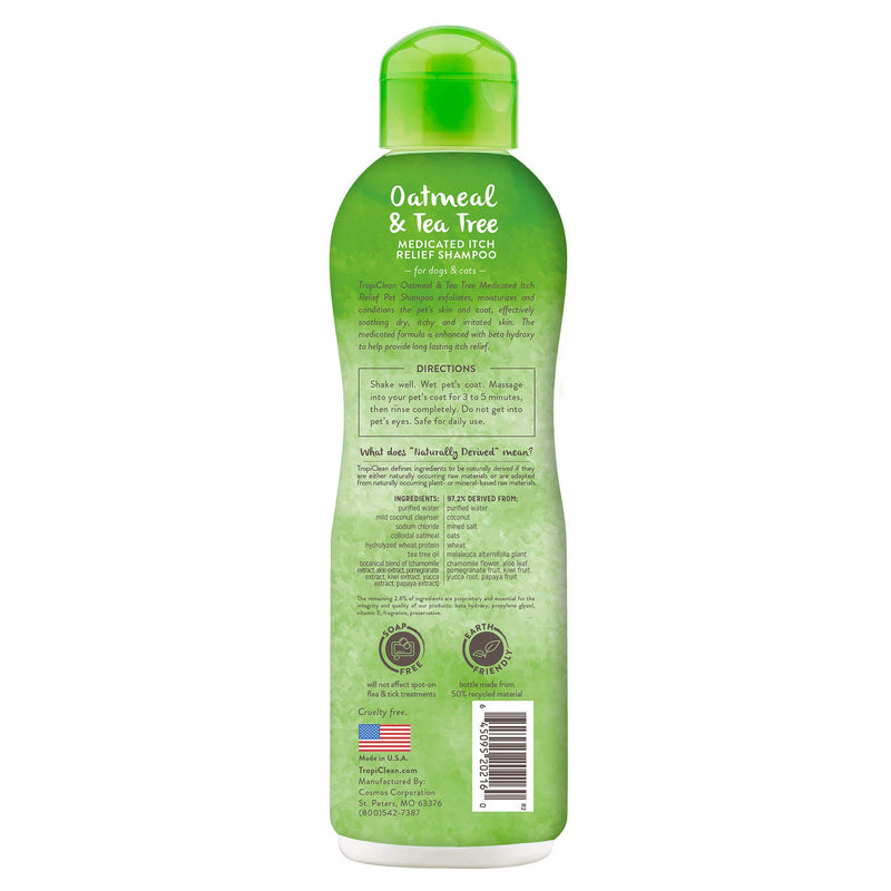 TropiClean oatmeal dog shampoo bottle with soothing medicated formula for itchy skin relief, includes Vitamin E, suitable for puppies and cats.