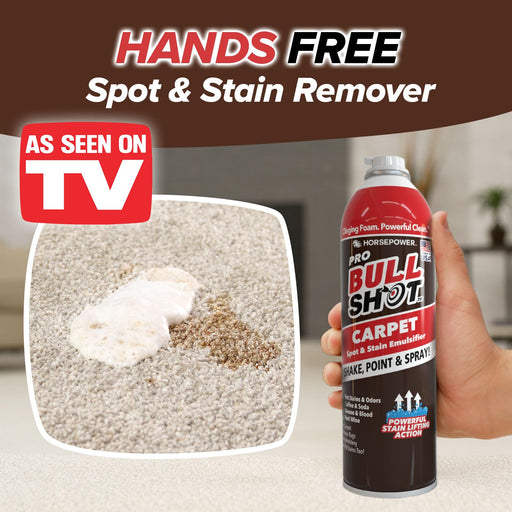 Horsepower Bull Shot Cleaner carpet stain remover spray bottle with foam-action, for coffee, wine, soda, grease stains on carpets.