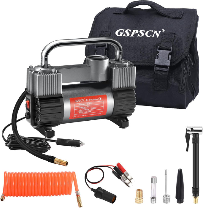 Silver Tire Inflator Heavy Duty Double Cylinders with Portable Bag- Car Accessories，Metal 12V Air Compressor Pump 150PSI with Adapter for Car, Truck, SUV Tires, Dinghy, Air Bed Etc