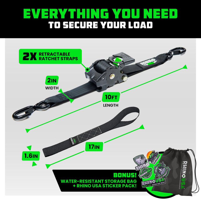 Rhino USA Retractable Ratchet Straps (2-Pack) - 2 Inch x 10 Feet (3,033lb Break Strength) - Heavy Duty Auto Self Retracting Tie Down Straps for Truck, Cargo Trailer, Motorcycle, Rad & More - Black