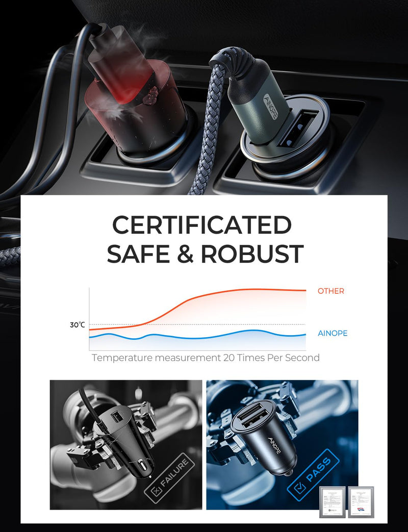 AINOPE Car Charger Adapter【Smallest Metal】 4.8A Cigarette Lighter USB Car Charger Adapter Dual Port 12V USB Outlet Flush Fit for iPhone 16 Pro Max/15/14 iPad Air Samsung Galaxy S25 S24 Ultra,Black
