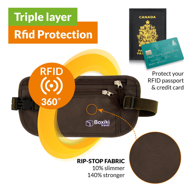 Money Belt for Travel with RFID Blocking Technology - Hidden Travel Money Pouch for Cash, Credit Cards, Passport, and Travel Valuables - Secure Water Resistant Money Belt for Men and Women (Brown)