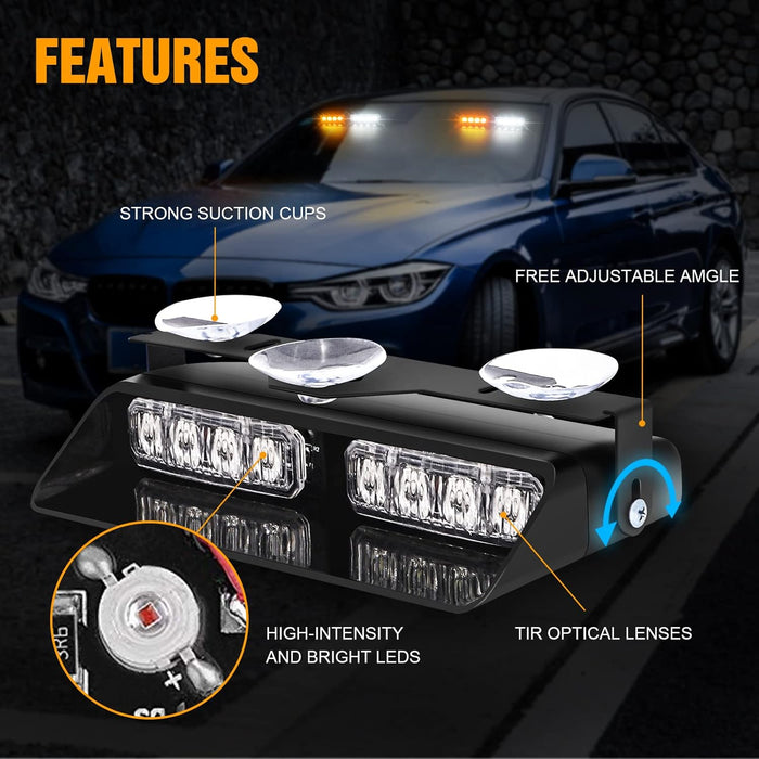 2 in 1 Emergency Dash Strobe Lights Interior Windshield Lights Amber White Warning Hazard Safety Flashing W/Suction Cups for Construction Vehicles, Trucks Car (2×7.16 Inch, 16 LED)