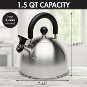 Primula Stewart Whistling Stovetop Tea Kettle Food Grade Stainless Steel, Hot Water Fast to Boil, Cool Touch Folding, 1.5-Quart, Brushed with Black Handle - Durrett Recovery