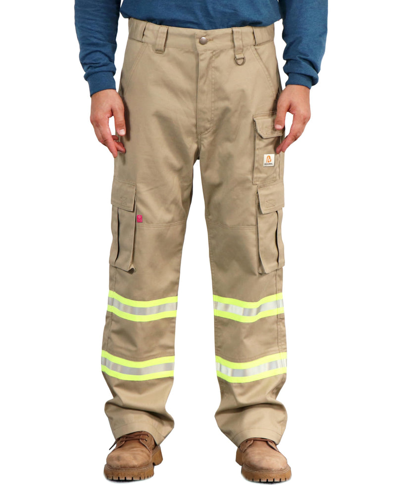 BOCOMAL FR high visibility work pants with cargo pockets, flame-resistant, water and oil repellent khaki workwear.