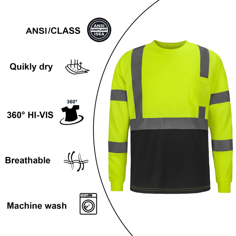 DPSAFETY High Visibility Class 3 T Shirts，Hi Vis Safety Shirts with Reflective Strips and Pocket, Long Sleeve Quick Dry Mesh Construction Work Shirt for Men/Women Black Bottom Lime，XL