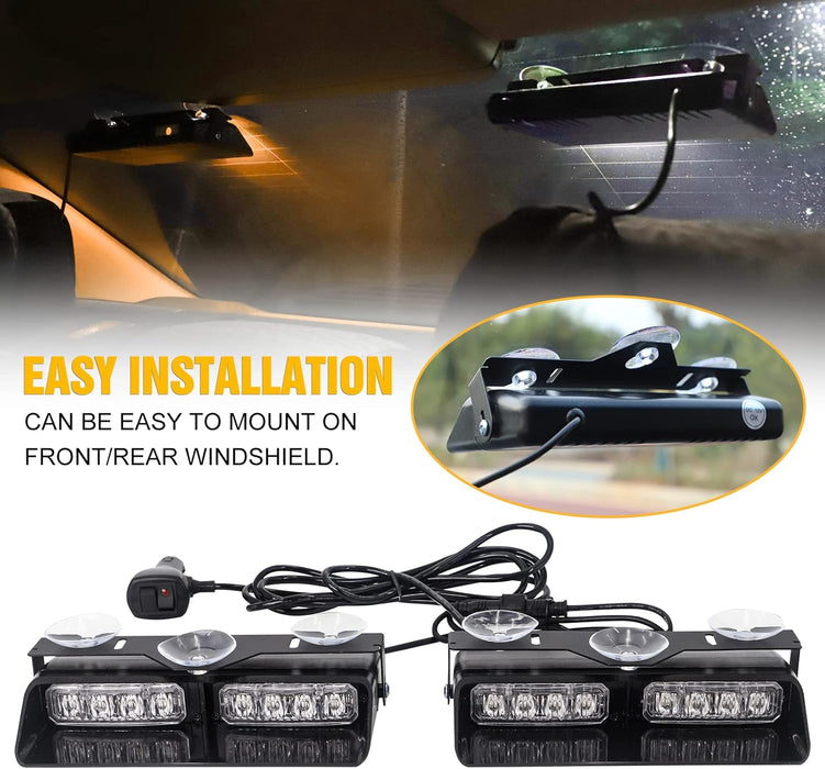 2 in 1 Emergency Dash Strobe Lights Interior Windshield Lights Amber White Warning Hazard Safety Flashing W/Suction Cups for Construction Vehicles, Trucks Car (2×7.16 Inch, 16 LED)