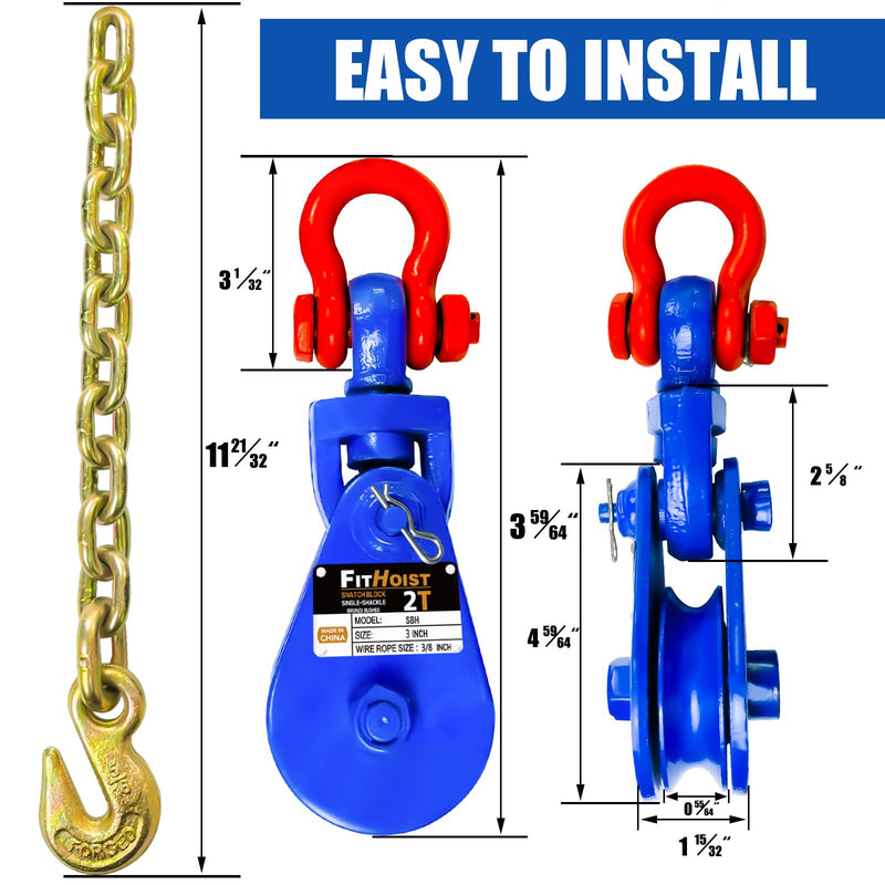 FITHOIST 2 Tons Snatch Block with G80 Chain | 3" Sheave for 3/8" Inch Wire Rope | High Strength Snatch Blocks for Towing and Recovery Applications | Tow Truck Rollback Wrecker Car Hauler Winch