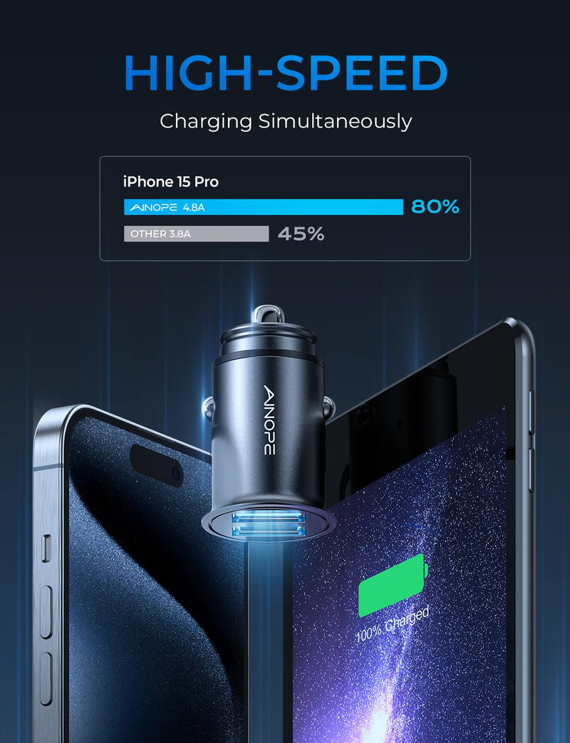 AINOPE Car Charger Adapter【Smallest Metal】 4.8A Cigarette Lighter USB Car Charger Adapter Dual Port 12V USB Outlet Flush Fit for iPhone 16 Pro Max/15/14 iPad Air Samsung Galaxy S25 S24 Ultra,Black