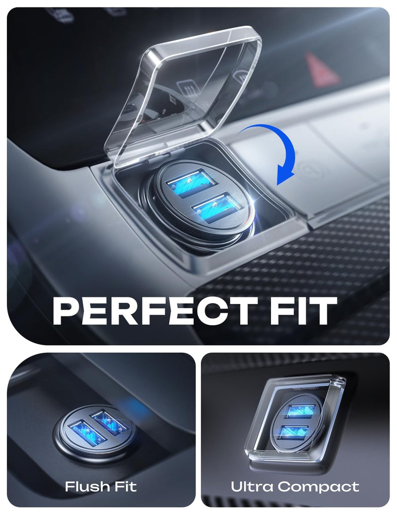 AINOPE Car Charger Adapter【Smallest Metal】 4.8A Cigarette Lighter USB Car Charger Adapter Dual Port 12V USB Outlet Flush Fit for iPhone 16 Pro Max/15/14 iPad Air Samsung Galaxy S25 S24 Ultra,Black