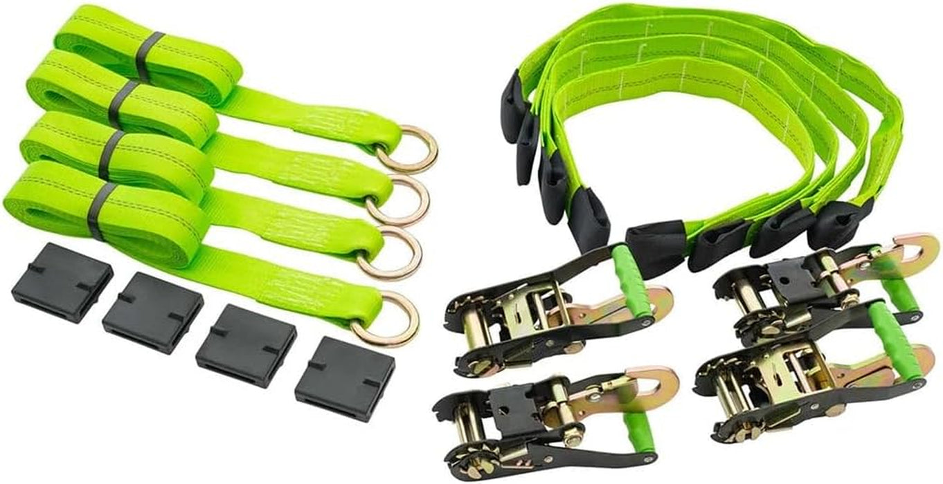 (4 Pack 2"X144" Car Tie down Straps W/Ratchet Snap Hooks & 33" over the Wheel Tire Straps - 3,333 LBS WLL Heavy Duty Tire Straps for Car Trailer - High Visibility Green Webbing