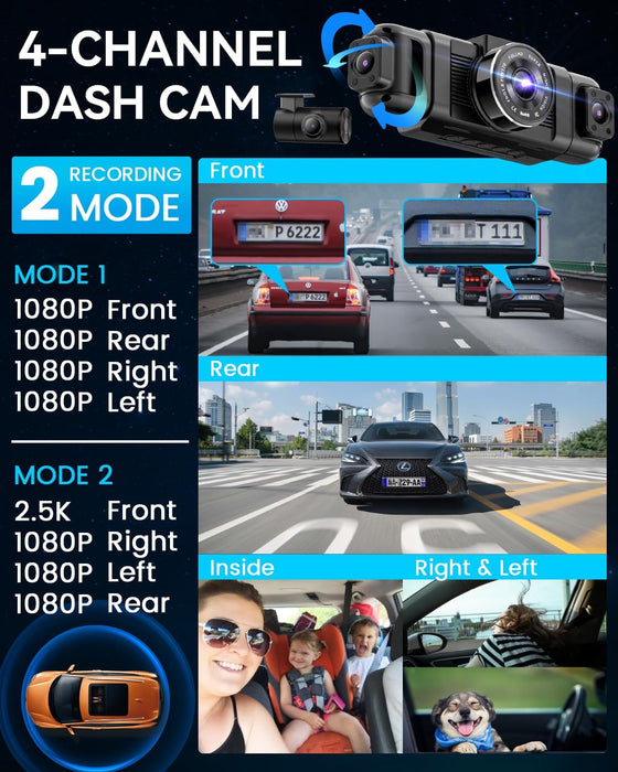 N5 4 Channel Dash Cam 360° View, 1080P Front and Rear Inside, Left Right Dash Camera for Cars, 8 IR Lamps Night Vision, 5G Wifi & APP Control, G-Sensor, Parking Mode, with a Free 128GB SD Card
