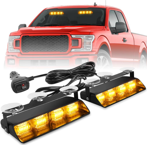 2002L Emergency Dash Strobe Lights: Amber White Safety Lights, Flashing Warning Hazard Windshield Visor Traffic Light Bars for Trucks, Construction Vehicles (2X8.5 Inch, 48LED)