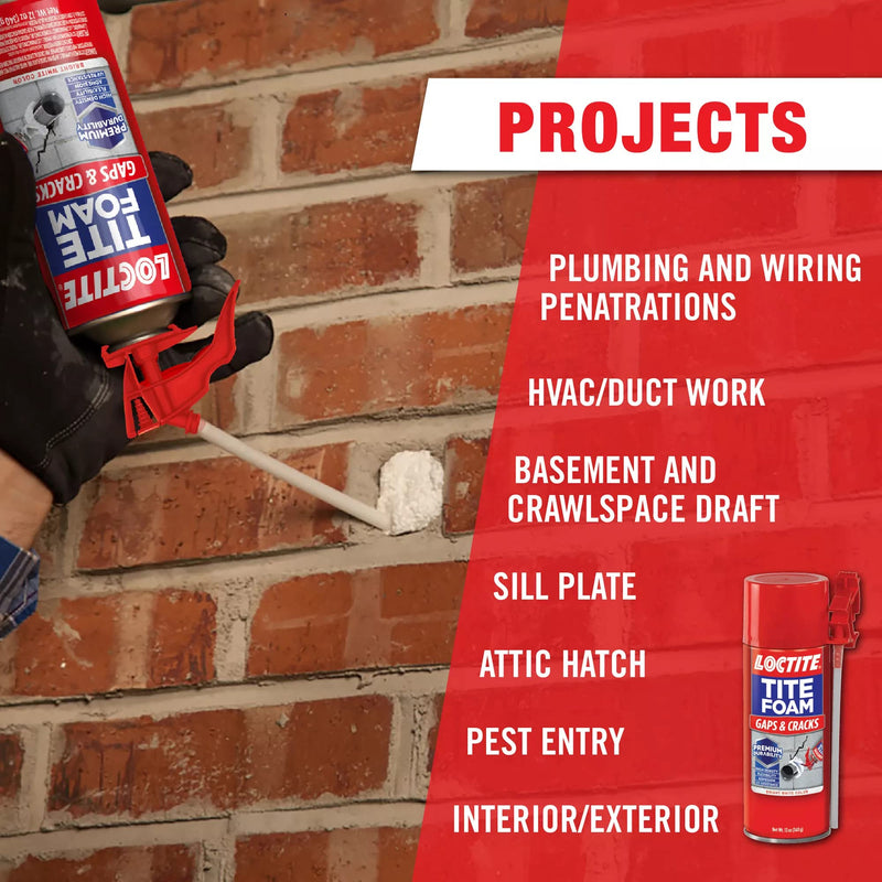 Loctite Tite Foam Gaps & Cracks spray foam sealant in 12 oz can, expanding polyurethane insulation for sealing gaps and cracks.